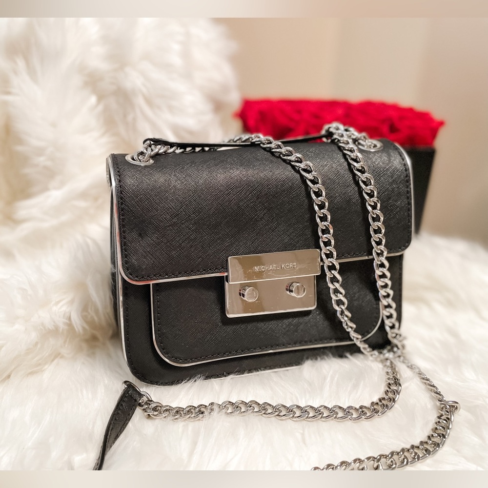 Michael Kors Sloan Specchio Silver Black Saffiano Leather Crossbody Bag